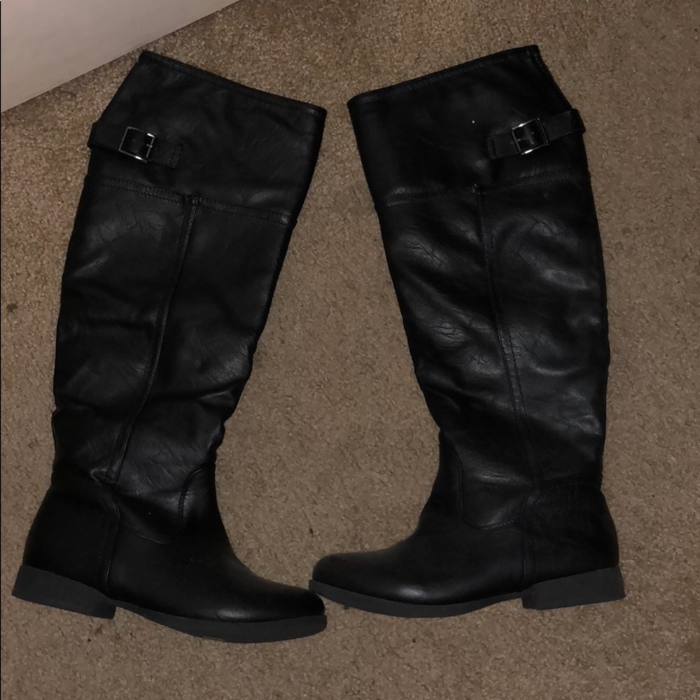 Black faux leather knee high boots